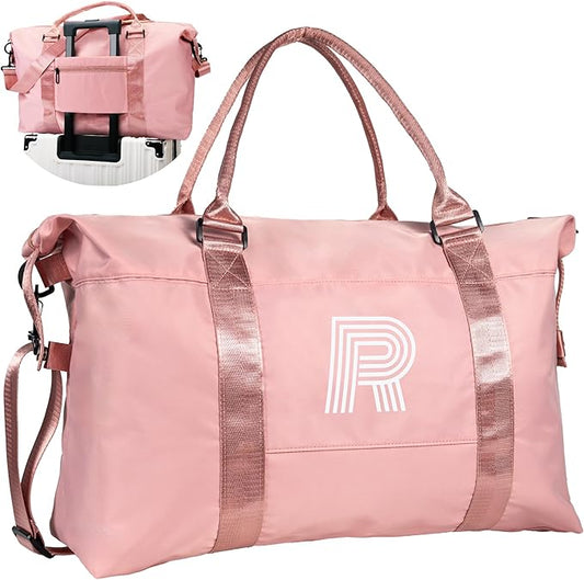 Initial Travel Duffel Bag, Sports Gym Bag, Personalized Weekender Bag with Shoulder Strap, Graduation Gift Monogram Overnight Bag for Women with Trolley Sleeve & Wet Pocket, Pink