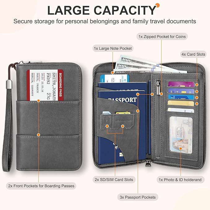 Family Passport Holder Wallet with Zipper, RFID Blocking Travel Document Organizer, PU Leather Passport Wallet for Women Men, Passport Cover Travel Wallet for Boarding Pass, ID, Money, Ticket