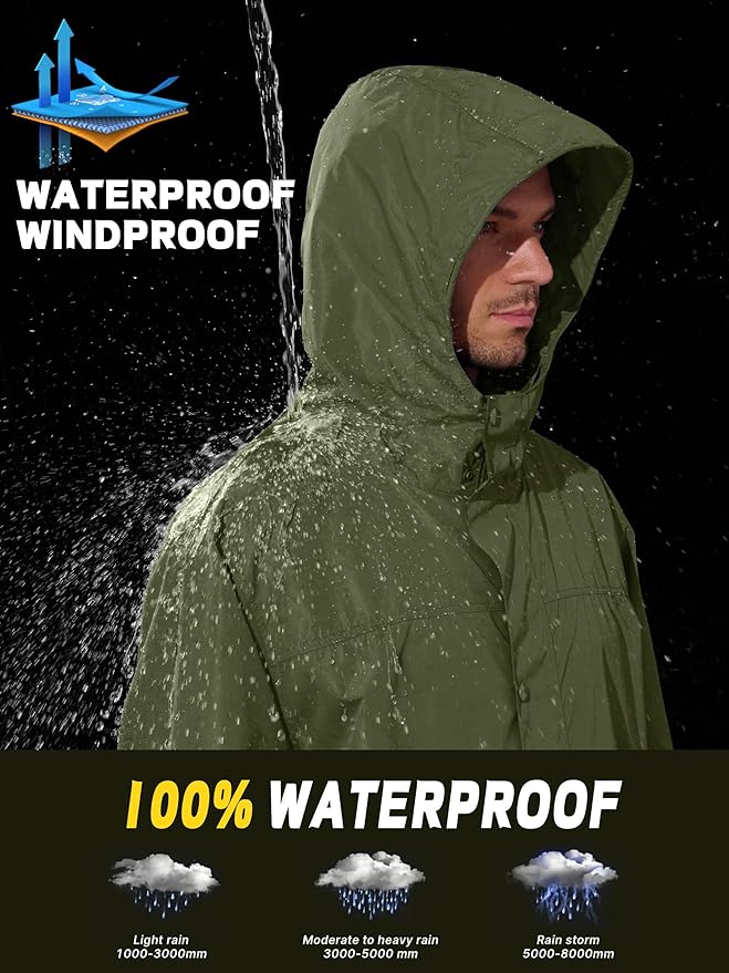 UIQUR Men's Rain Jacket Lightweight Long Raincoat Hood Rain Poncho Waterproof Windbreaker Cycling Running Hiking Packable
