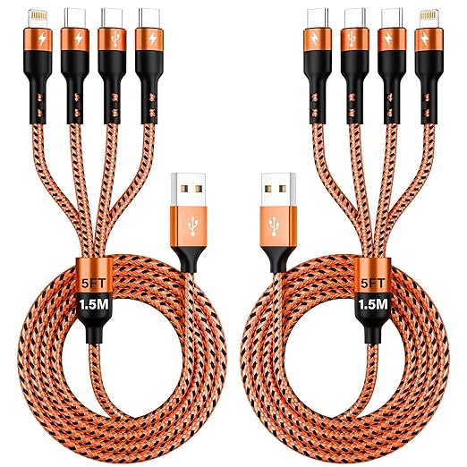 Travel Essentials, 4 in 1 Multi Charging Cable 3 USB C Chargers for iPhone 17, Multi Charger Cord with 3 Type C/IP, Compatible for iPhone 17 to 11, Android, Galaxy, iPad, Data Sync, 5 FT