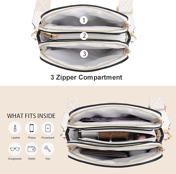EVVE Crossbody Bags for Women Trendy Triple Zip Small Crossbody Camera Bag Purse with Wide Guitar Strap