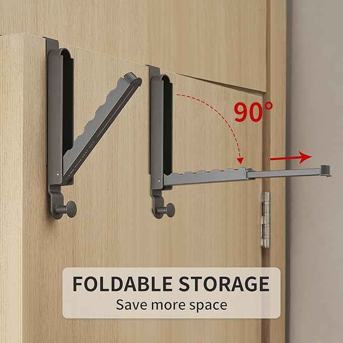 RFOUO Over The Door Hooks Hanger, Fits Door up to 1 3/4",Space Grey, 1 Pack | Aluminum, Retractable Rod, Space-Saving, Foldable Over The Door Drying Rack,No drilling, For Laundry Bathroom Bedroom Travel