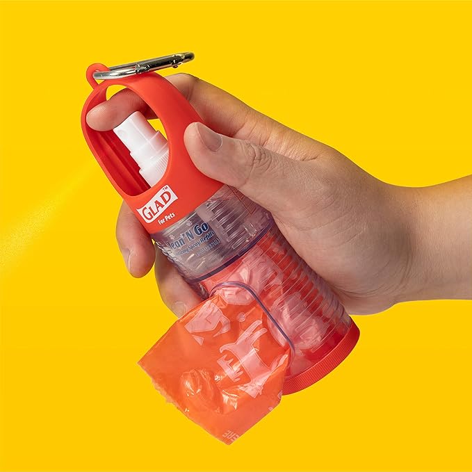 Glad for Pets Clean & Go Waste Bag Dispenser & Antibacterial Soothing Aloe Hand Sanitizer Spray | With Poop Bag Holder, 15 Bags in Tropical Breeze Scent & Mini Hand Sanitizer (Pack of 2)