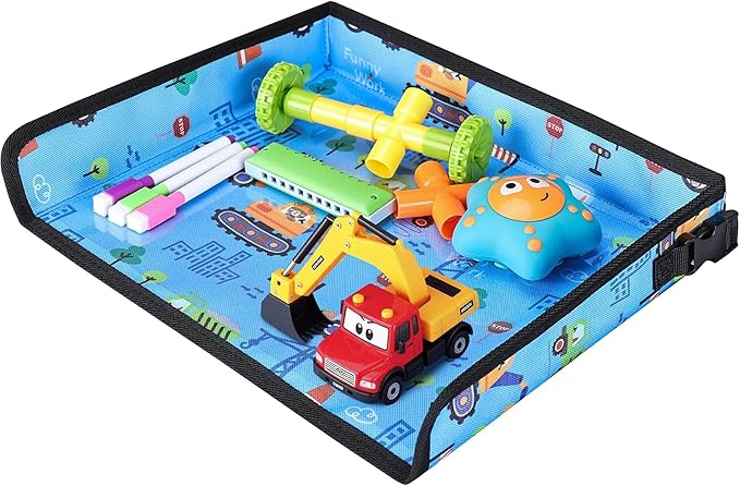 Kids Travel Tray Table Cover with Pockets – Toddler Airplane Essentials for Plane, Train, Car & Highchair, Portable Activity Board with Tablet Holder & Storage (Light Blue)