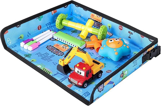 Kids Travel Tray Table Cover with Pockets – Toddler Airplane Essentials for Plane, Train, Car & Highchair, Portable Activity Board with Tablet Holder & Storage (Light Blue)