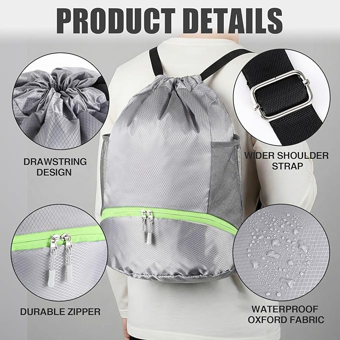 6 Pack Gym Drawstring Backpack Bags Bulk with Shoe Compartment for Sports Wet Proof Pocket for Men Women Large(Grey, Navy Blue)