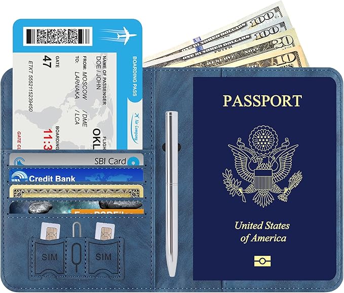 Airtag Passport Holder for Travel Essentials Wallet Rfid Blocking Cover Leather Case Vacation Travel Accessories for Women Men (601#Blue)