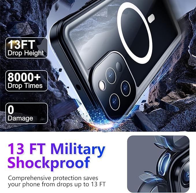 Compatible with iPhone 13 Pro Max Case Waterproof, Built-in Screen & Camera Protector IP68 Underwater Full Body 13FT Military Dropproof Shockproof Phone Case 6.7"-Black/Clear-Mag