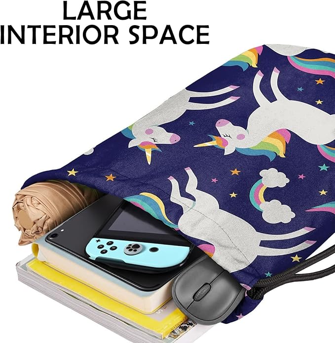 Drawstring Backpack for String Bag Waterproof Cute Sports Beach Swimming Travel (13"×17")-Blue Unicorn