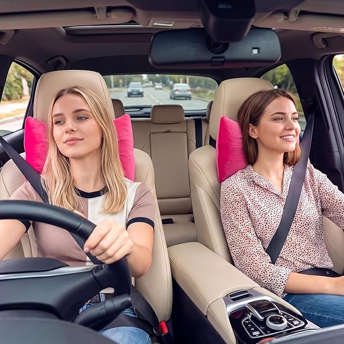 Macarrie 2 Pcs Car Neck Pillow Velvet Bow Headrest Pillow Soft Comfortable Seat Neck Support Cute Bow Car Accessories for Driving Travel Driver Chair Girl Interior Decor (Solid,Rose Red)