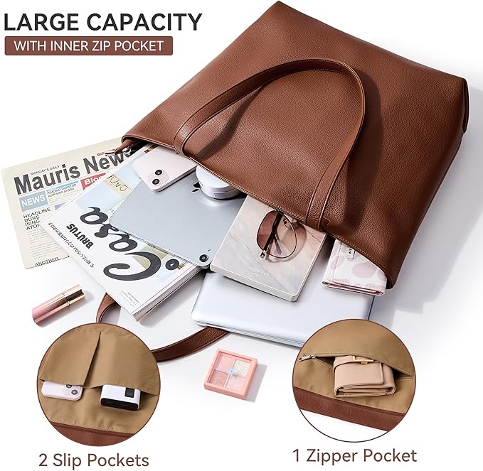 WLLWOO Soft Vegan Leather Tote Bag for Women Large Casual Hobo Handbags Zipper Shoulder Work Daily Weekender Travel Purse