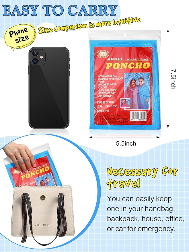 40 Pack Disposable Rain Ponchos for Adults Disposable Ponchos Pack with Drawstring Hood Elastic Sleeves Raincoat for Camping