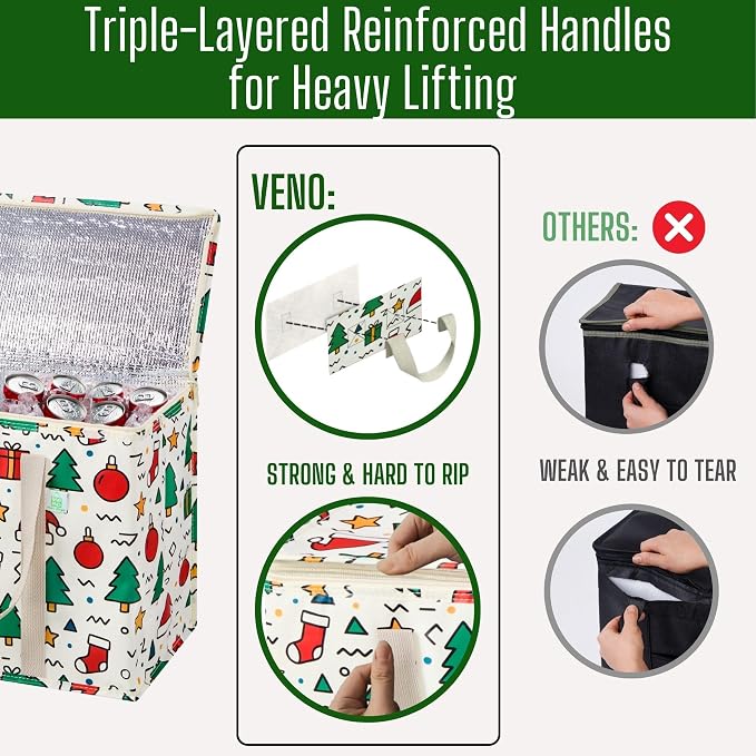 VENO 2 Pack Insulated Cooler Bag for Food Delivery, Reusable Grocery Shopping Bag, Heavy Duty, Large Size, Durable Handles, Double Zippers, Lid, Collapsible (Jingle Mix, 2 Pack)