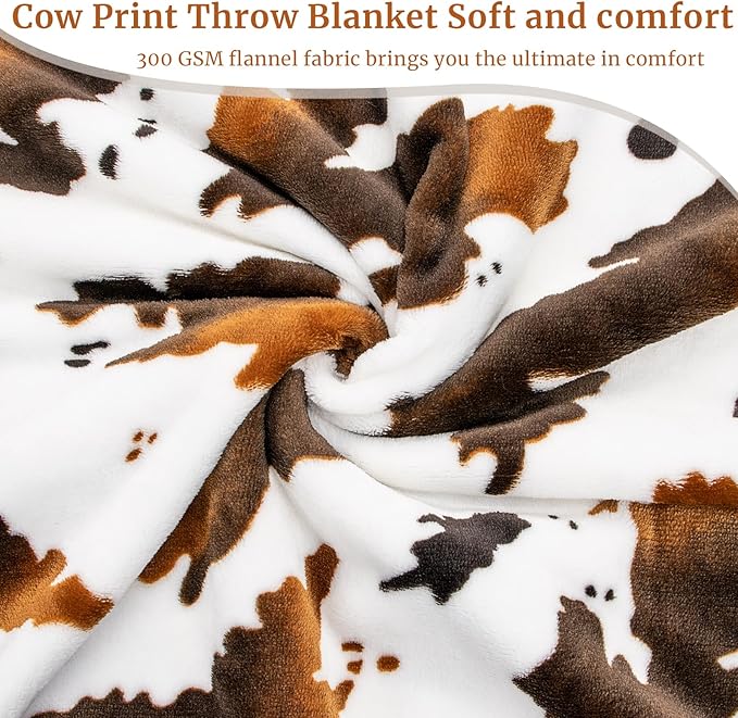 Brown Cow Print Blanket Twin Lightweight Couch Blankets Soft Warm Plush Fleece Throw All Season Bedding Cow Gift for Adults Couples Mom Dad Camping 60" x 80"
