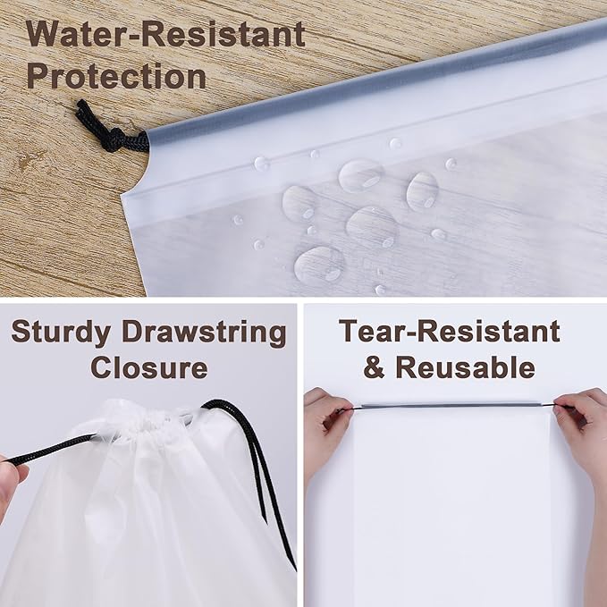 5 Pack Clear Shoe Bags for Travel Essentials, 15.7"×11.8" PEVA Drawstring, Water-Resistant, Fits up to Men’s 12–13, Reusable Storage for Clothes & Toiletries, Keep Luggage Tidy & Odor-Free