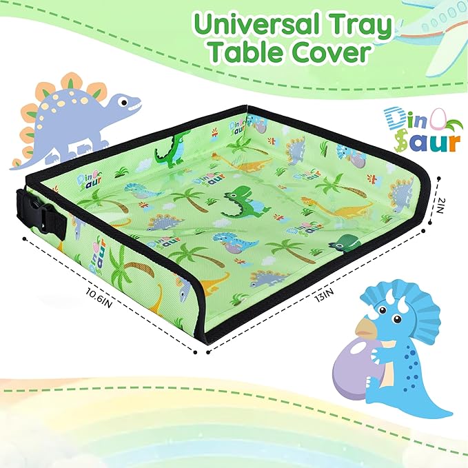 Kids Travel Tray Table Cover with Pockets – Airplane Essentials for Toddlers 1-3, Portable Activity Organizer for Plane, Train, Car & Highchair, Washable Dinosaur Design (Green)