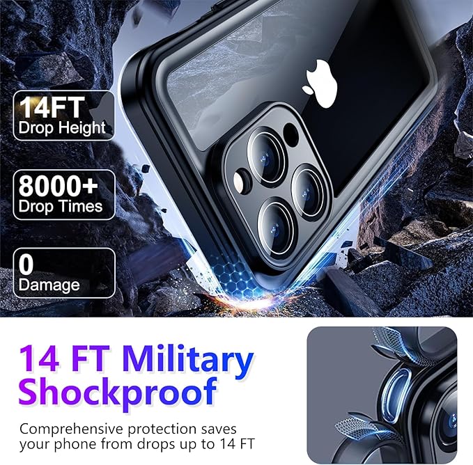 Compatible with iPhone 14 Pro Max Case Waterproof, Built-in Screen & Camera Protector IP68 Underwater Full Body 14FT Military Dropproof Shockproof Phone Case 6.7"-Blue/Clear