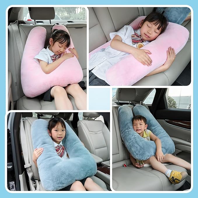 Travel Pillow，Car Pillow for Kids, Car Sleeping Pillow with Adjustable Strap, Car Travel Essentials, Road Trip Pillow for Head and Neck Support,Blue
