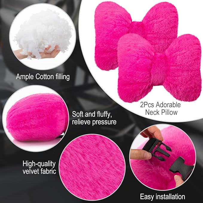 Macarrie 2 Pcs Car Neck Pillow Velvet Bow Headrest Pillow Soft Comfortable Seat Neck Support Cute Bow Car Accessories for Driving Travel Driver Chair Girl Style Interior Decor(Rose Red)