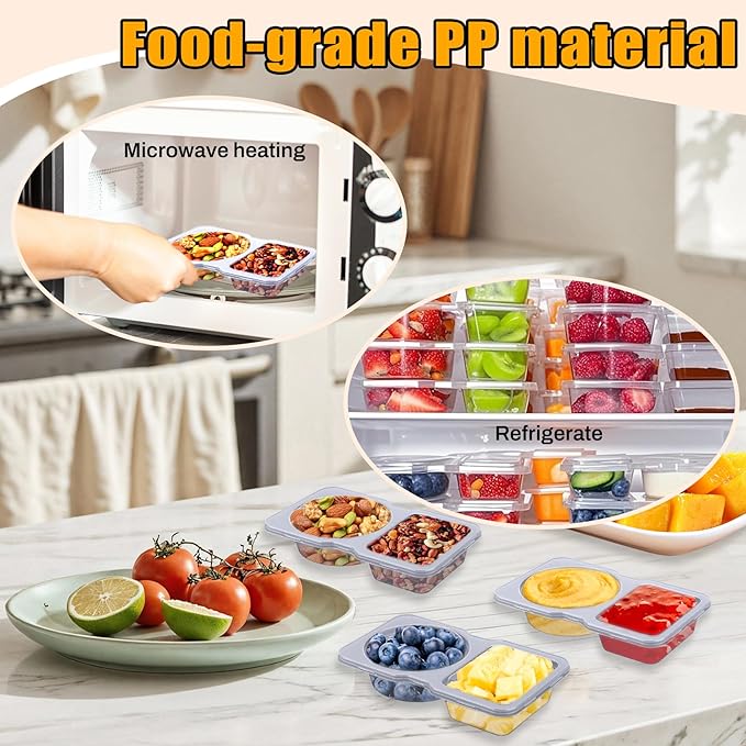 20 Pack Reusable Snack Containers with Lids - Double Compartment Condiment Snack Pack Containers with 20 Forks, Microwave Safe Portion Control Containers for Meal Prep, Take-out, Party & Travel