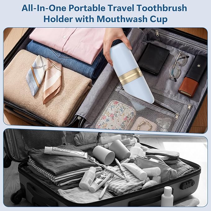 Quatish 4-in-1 Toothbrush Travel Case, Portable Toothbrush Holder with 4 Rinse Cups, Large-Capacity Storage for Toothbrush & Toothpaste, Ideal for Travel, Home, Camping, Gym, Business Trip (Blue)