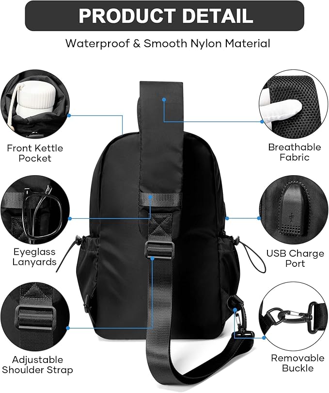 SEAFEW Black Sling Crossbody Bag for Men Women, Tactical Backpack Shoulder Daypack Mini Anti-Theft Cross Body Motorcycle Chest Bags, Small One Strap Fanny Back Pack for Casual Travel Hiking Sport Gym