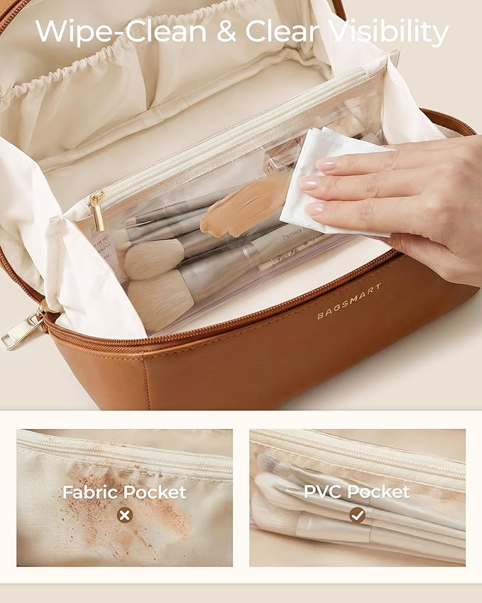 BAGSMART Makeup Bag Travel Cosmetic Bag, Large Make Up Bag Flat Open Toiletry Bag for Women, PU Leather Travel Essentials Organizer Case, Wide-open Pouch for Skincare, Brushes, Black Checkerboard