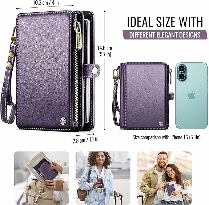 Passport Holder Wallet Bag with AirTag Holder, 11 Card Slots and Passport Solt Cash Solt Photo Solt Zipper Pocket, RFID Blocking Wristlet Strap.Purple
