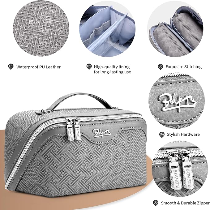 BOYATU Travel Makeup Bags for Women: Vintage Roman Column Texture Large Capacity Cosmetic Bag - Each Journey, Quiet Luxury Serenity - 3 Pcs Set Organizer Toiletry Purse 50% Extra Storage(Grey)