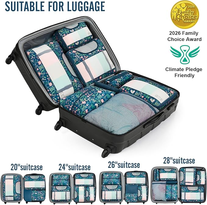 Veken 8 Set Packing Cubes for Travel Essentials,Anti-Wrinkle Buckled Suitcase Organizer for Shoe & Toiletry Bag,Carry On Luggage Bag for Airplane & College Dorm Room Accessories,Women Men Gifts
