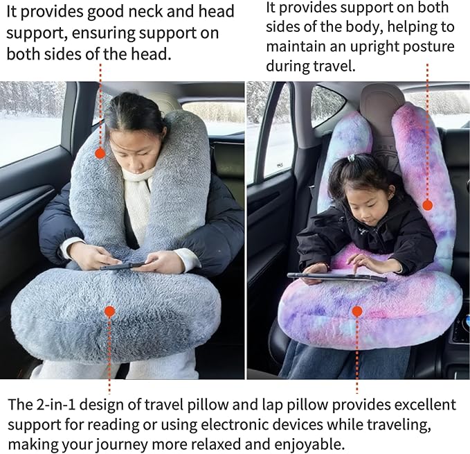 FHSGGP Travel Pillow Car Travel Sleep Support Pillow 2-in-1 Lap Pillow and Car Pillow with Neck and Body Support for Adults and Kids on Long Trips Kids Travel Pillow Colorful Green