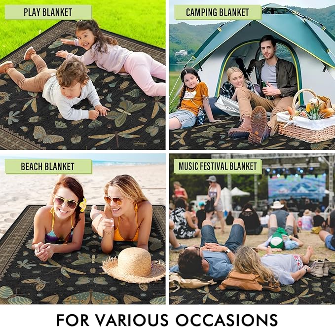 Butterfly Picnic Blankets Waterproof Foldable, 80″X80″ Extra Large Picnic Mat Outdoor Blanket for Grass,Vintage Packable Beach Blanket Sandproof Picnic Accessories for Camping Music Festival Park Lawn