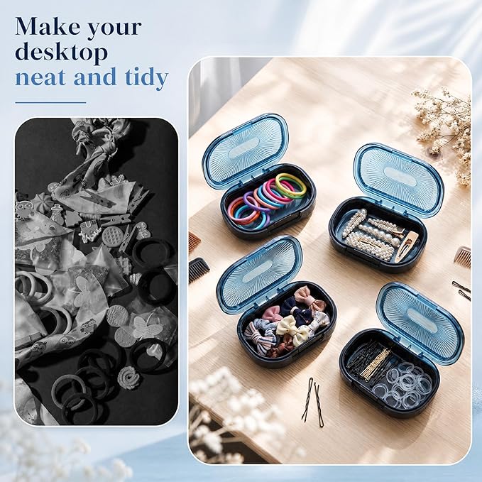 Kigley 4 Pcs Hair Tie Container Small Portable Travel Cotton Swab Holder Dispenser with Lid Plastic Box Storage Containers for Small Items, 3.94 x 2.76 Inch (Blue)