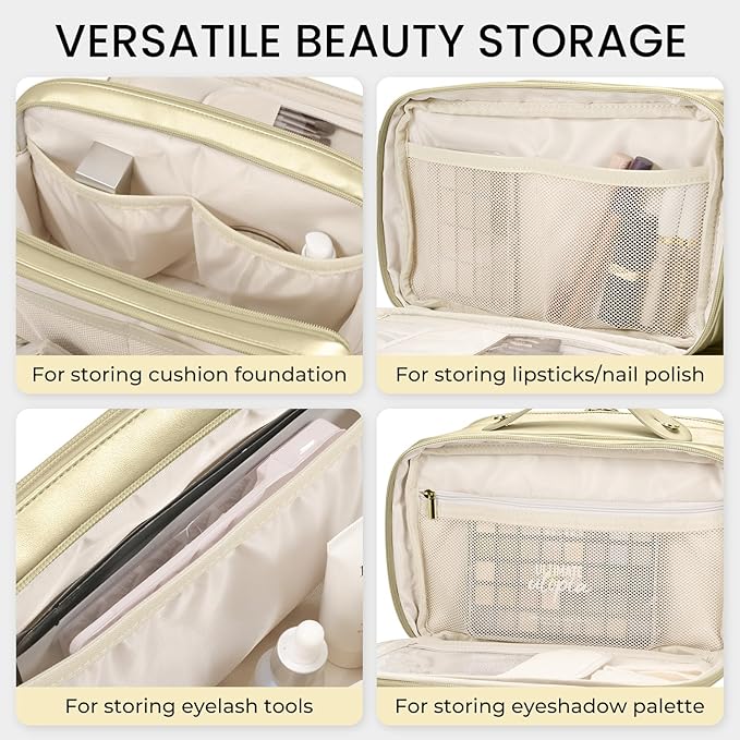 Travel Makeup Bag Women's Large Capacity Cosmetic Portable Organizer Large Opening Waterproof Storage Toiletry Bags Vertical Free-Standing Brush Holder for Easy Access Gold