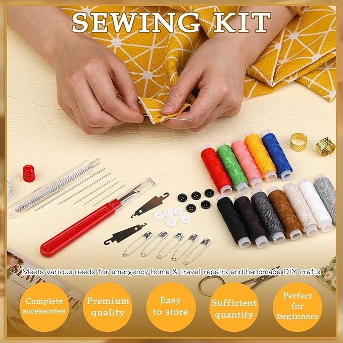SHWAKK Sewing Kit for Adults, Stainless Steel Needles for Hand Sewing with Thimble, Threader, Thread Rippers, Big Eye Steel Needle and Thread Kit for Beginner, Traveler and DIY Crafter