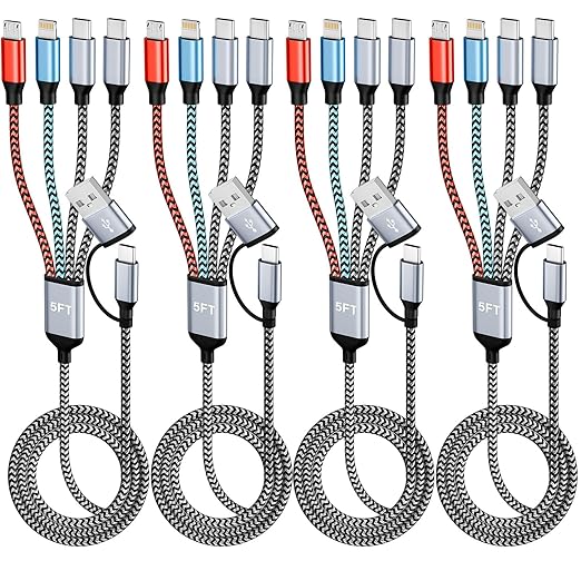 Travel 4 in 2 Multi Charging Cable, USB A/C Cable with Dual Type-C/IP/Micro USB, Travel Charger for Multiple Devices, Phone Charger Cord for iPhone 17/16/15/14, Galaxy, Android Pad, 5FT 4PCS