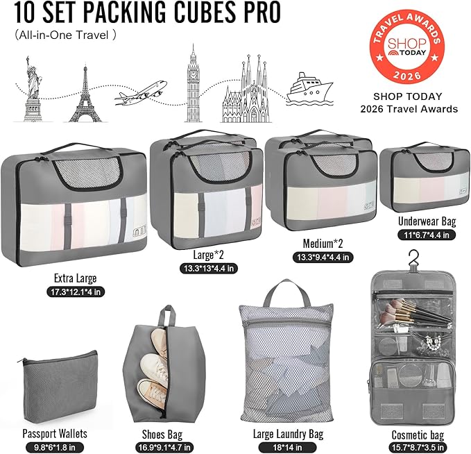 Veken 10 Set Packing Cubes for Travel Essentials,Anti-Wrinkle Buckled Suitcase Organizer for Shoe & Toiletry Bag,Carry On Luggage Bag for Airplane & College Dorm Room Accessories,Women Men Gifts