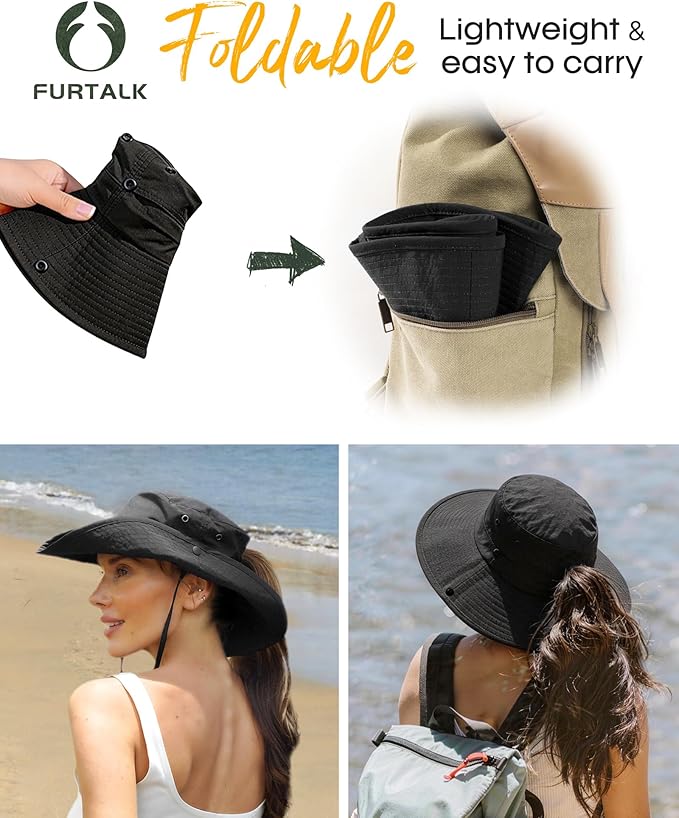 FURTALK Sun Hats for Women Ponytail UPF 80+ Beach Summer Hat Wide Brim Packable Cowboy Hat