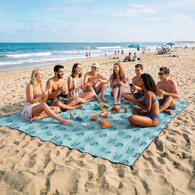 OIGAE Oversized Beach Blanket, 9×10 ft Sand-Free Outdoor Mat for Groups, Quick-Dry Picnic Blanket with Stakes & Corner Pockets, Jellyfish， Green
