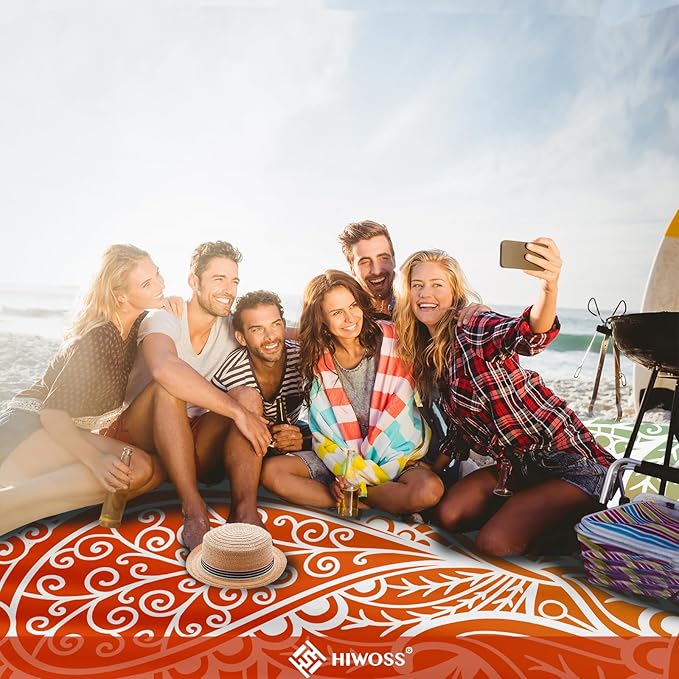 Beach Blanket Waterproof Sandproof Oversized 95”x 80”,Sand Free Beach Mat with Corner Pockets,Portable Mesh Bag for Beach Festival,Picnic,Travel and Outdoor Camping (Ombre Portland Orange)