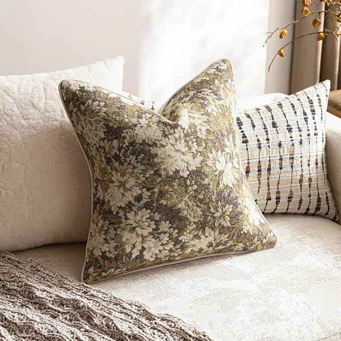 DEZENE Pack of 2 Vintage Floral Throw Pillow Covers 16x16 Boho Farmhouse Accents Chenille Square Decorative Pillow Cases for Living Room Couch Bed Home Decor, Beige