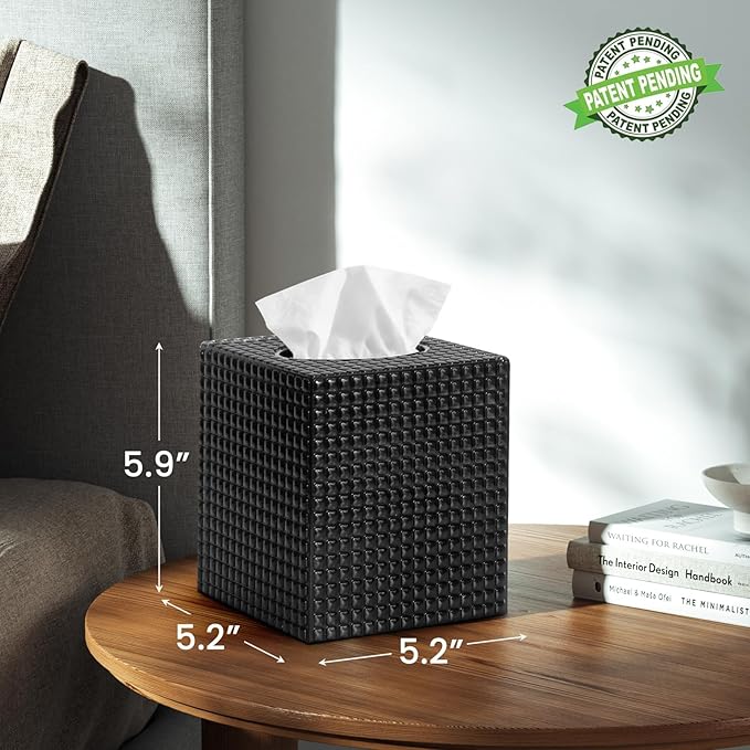 2 Pack Tissue Box Cover, Square Facial Acrylic Tissue Holder, Modern Decorative Facial Tissue Box Vessel Cube Paper Napkin Organizer Dispenser for Bathroom Countertop, Vanity Desk, Black