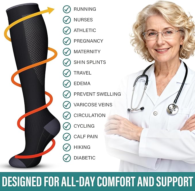 Acture 6 Pack Compression Socks for Women and Men - Knee High for Medical, Running, Nurses, Travel