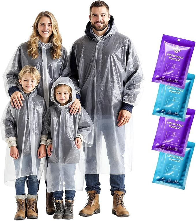 ZENO Disposable Rain Ponchos for Adults & Kids - Rain Poncho Family pack - Clear, Compact, Breathable, Emergency Ponchos with Hood - Travel Rain Poncho Hiking, Camping