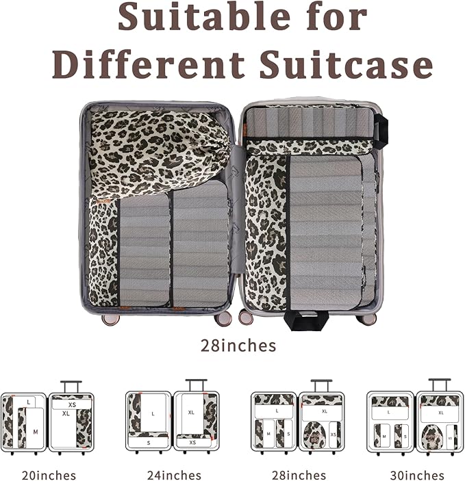 U+U 6 Set Compression Packing Cubes - Travel Organizers with Laundry Bag, Space-Saving Suitcase Organizer, Expandable Packing Organizers for Travel Essentials (Leopard)