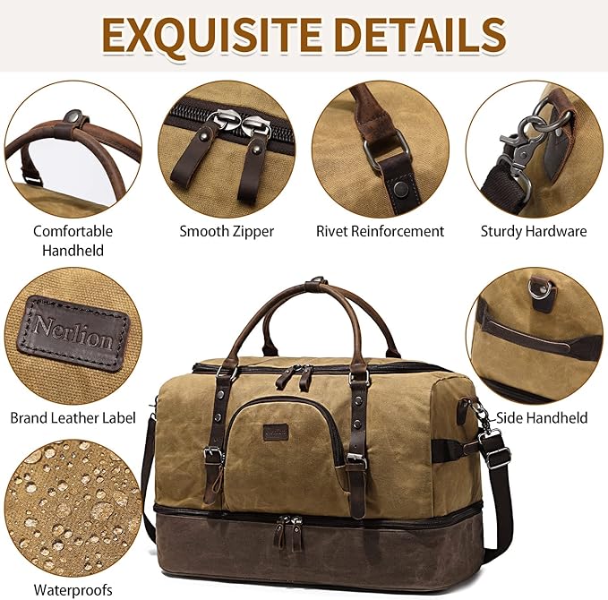 Nerlion Weekender Bag with Shoe Compartment Large Overnight Bag for Men Canvas Genuine Leather Carry on Luggage Bag Travel Duffel Bag(Brown)