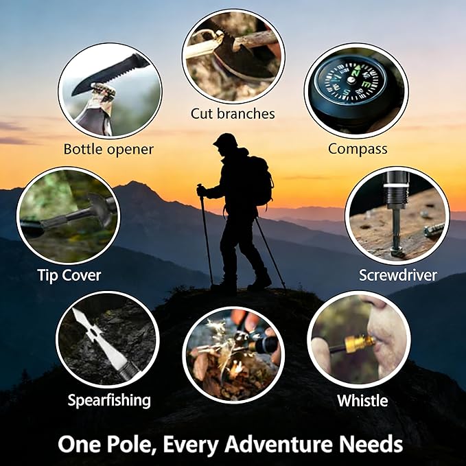 Trekking Pole Tactical Walking Stick, Multifunctional Aluminum Collapsible Survival Hiking Pole with Storage Bag for Women Men Seniors Camping Backpacking