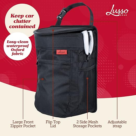 Lusso Gear Spill-Proof Car Trash Can - Leakproof Liner & Flip-Top Lid Auto Trash Can - Hangs in Trucks & SUVs as Trunk Organizer - 2.5-Gal Mesh Pockets for Camper Accessories - 2.5 Gal, Gray, Round