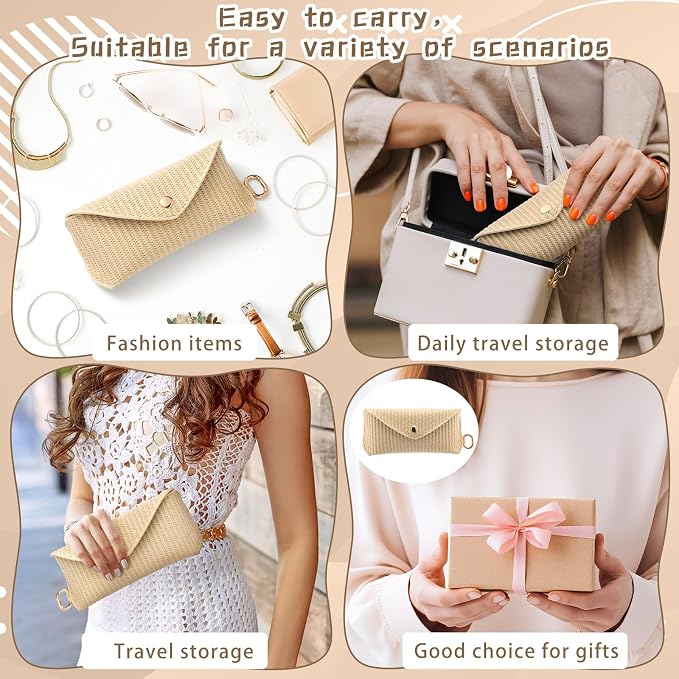 Leinuosen Woven Straw Sunglasses Case with Clip, Hard Shell Boho Rattan Pouch, Portable Travel Beach Accessory for Women Girl