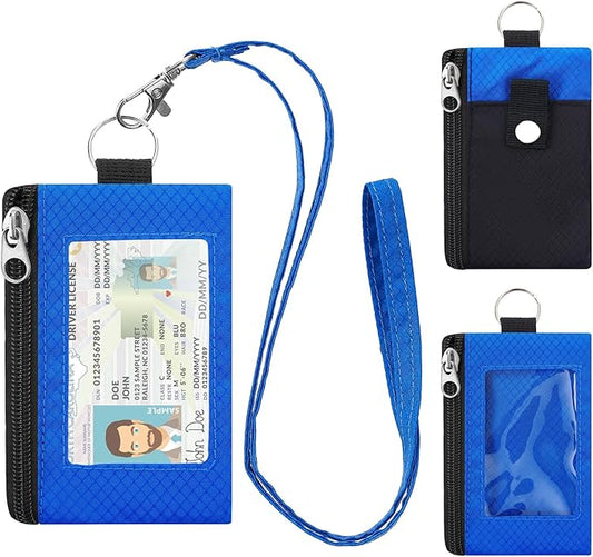 Minimalist RFID Wallet with Lanyard, Multi-Functional ID Case with 2 Zipper Pockets and Key Chain for Men and Women, Tactical Badge Pouch Cards Holder, Coin Purse for Travel Sports-BK+DBU